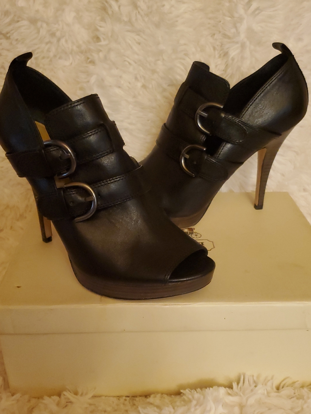 Coach Black Leather Peep-Toe High Heel Booties with Buckle Straps